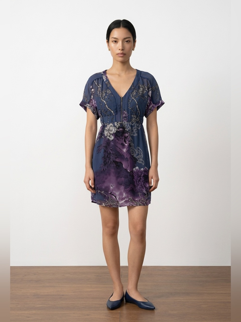 Vintage Guess V-Neck Short Sleeve Purple Floral Print Dress